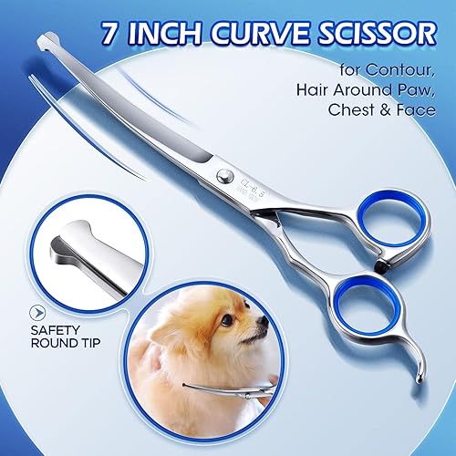 Miniatura 5 de Gimars Professional 5 in 1 Grooming Scissors for Dogs 4CR with Safety Round Tip, Heavy Duty Titanium Coated Straight & Thinning & Curved Shears