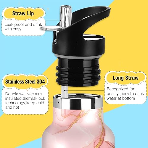 Miniatura 3 de Kids Water Bottle with Straw for School Leakproof Kids Insulated Water Bottle 20oz, BPA-Free, Marble Golden Veins
