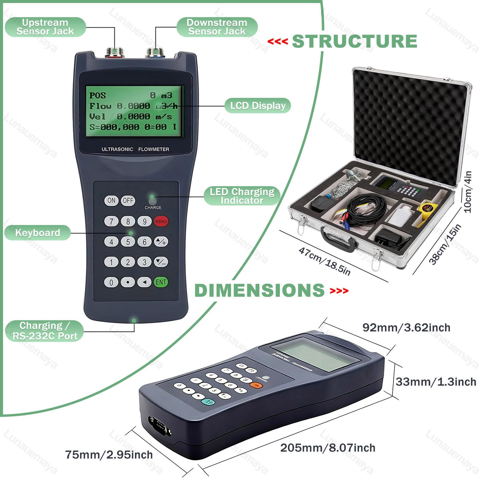 Caudalímetro Ultrasónico Portátil Multifuncional con Almacenamiento de Datos, Monitorización en Tiempo Real, Amplia Compatibilidad con Tuberías para Proyectos Industriales y Municipales S1/M2/TL1