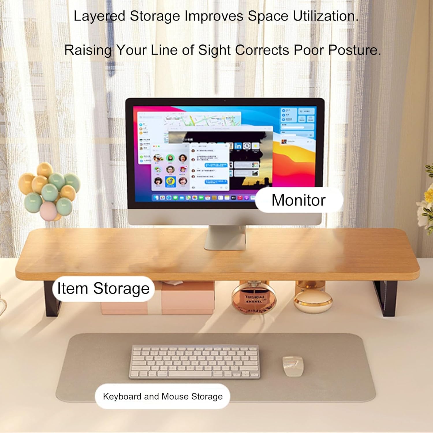 Monitor Stand Riser with Storage, Modern Monitor Stand for Desk, Ergonomic Wood & Metal PC Monitor Stand for Home Office(Black,100cm/39.3in)