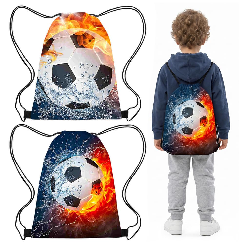 VorErgyllic Football Drawstring Bag 2 Pack – Sports Drawstring Backpack with Football Print, Lightweight Gym Sack for Kids & Adults – PE Kit Bag for Swimming, Travel, Training