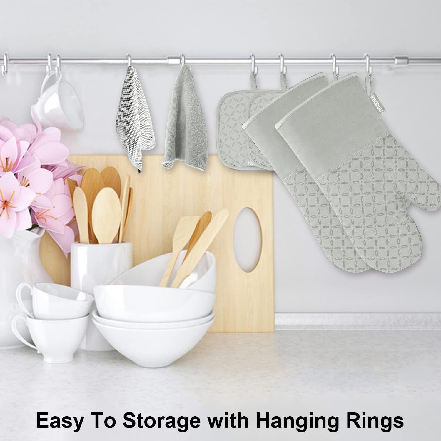 KEGOUU Oven Mitts and Pot Holders 6pcs Set, Kitchen Oven Glove High Heat Resistant 500 Degree Extra Long Oven Mitts and Potholder with Non-Slip Silicone Surface for Cooking （Greenish Gary） - Image 3