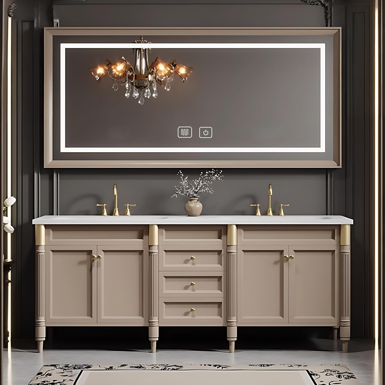 Bathroom Vanity with Sink - Modern Double Sink Bathroom Vanity, Floating Vanity with Smart Defogging Mirror, Floating Vanity Bathrooms -Multi-Layer Solid Wood Material (Khaki, 96")