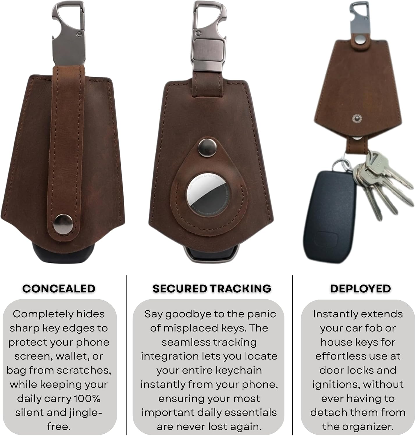 Full-Grain Leather Key Organizer with Holder For AirTag | Smart Key Fob Case & Bottle Opener Leather Keychain EDC image 3