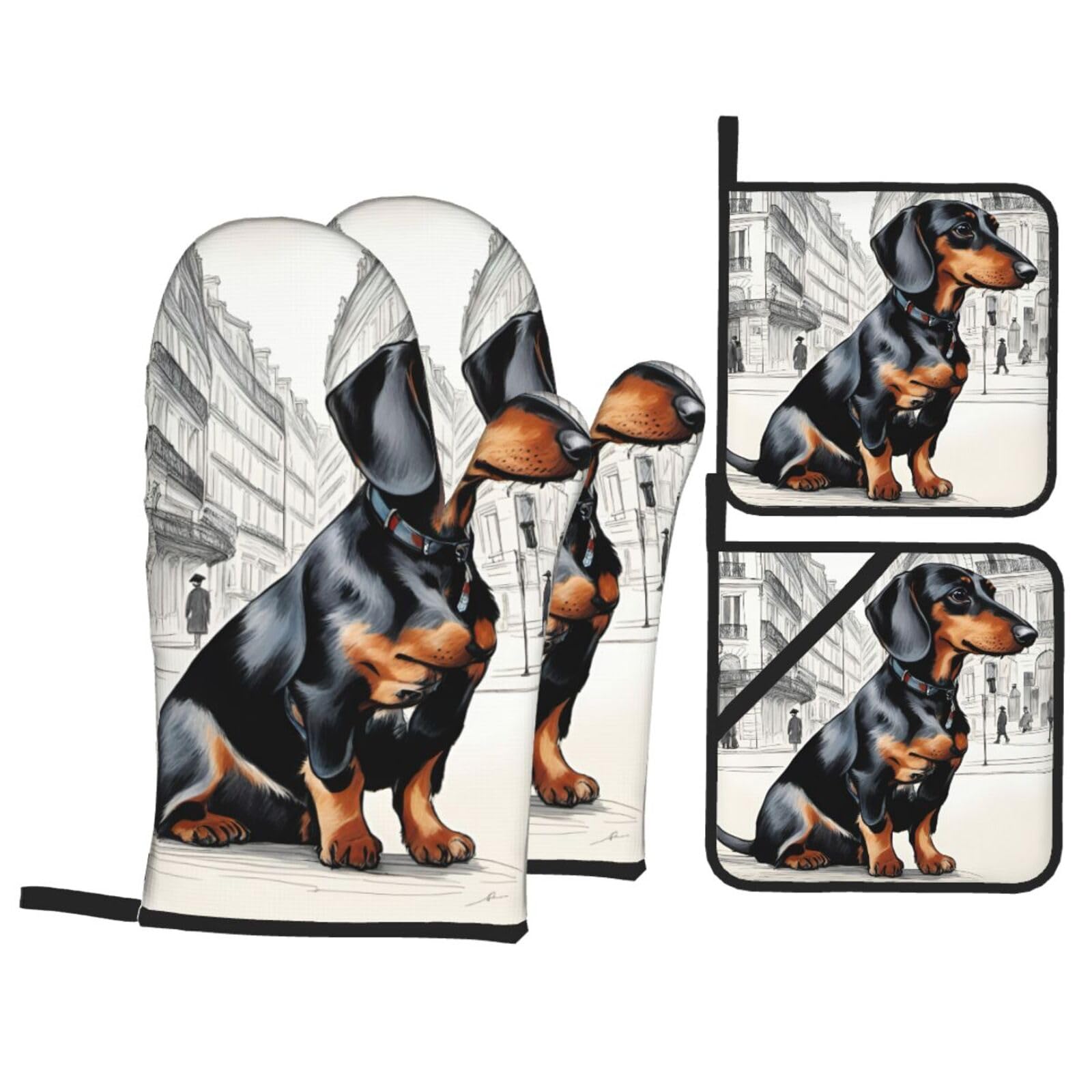 Parisian Dachshund Print 4-Piece Oven Microwaving Set Waterproof Kitchen Gloves for Baking Grilling Cooking