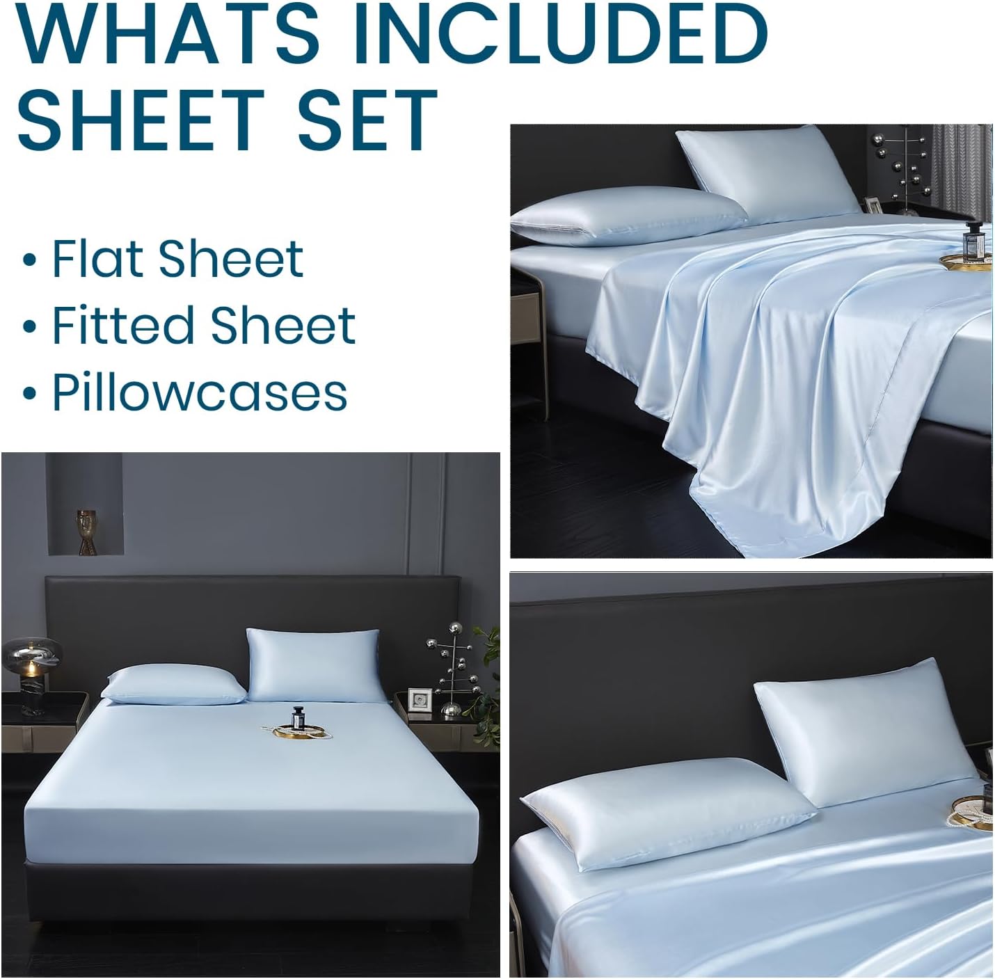 Revdomfly 4 Pcs King Size Luxury Silky Soft Baby Blue Satin Sheet Set,1 Premium Moisture Wicking Fitted Sheet Fits Up to 16 Inches Deep Pocket + 1 Flat Sheet + 2 Pillowcases（Baby Blue, King）