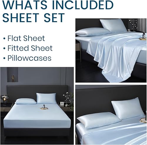 Miniatura 6 de Revdomfly juego de 3 sábanas de satén de tamaño individual de lujo, sedosas y suaves, color azul bebé, 1 sábana bajera premium de hasta 16 pulgadas