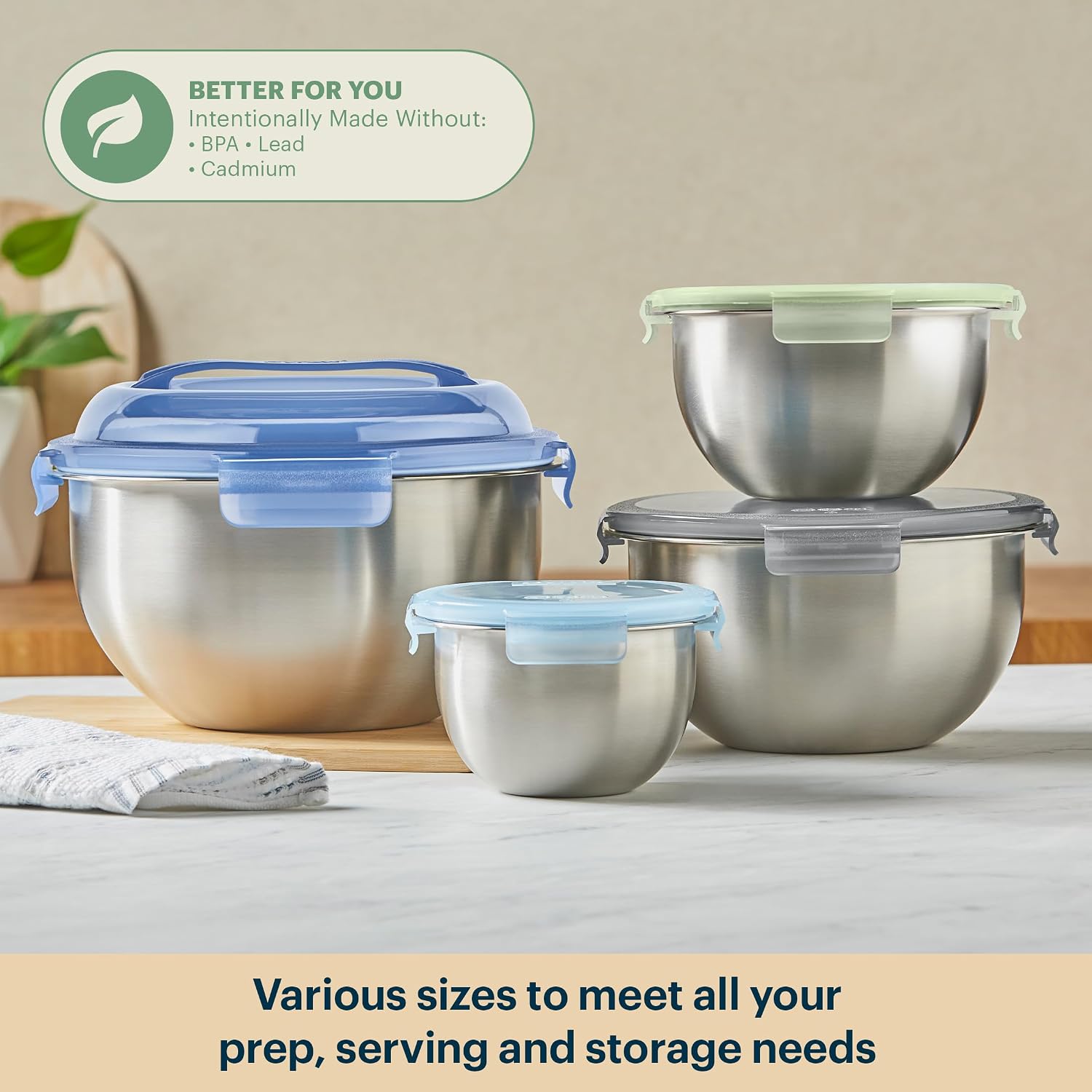 Pyrex 4-Pack Metal Stainless Steel Mixing Bowls with Airtight Locking Lids