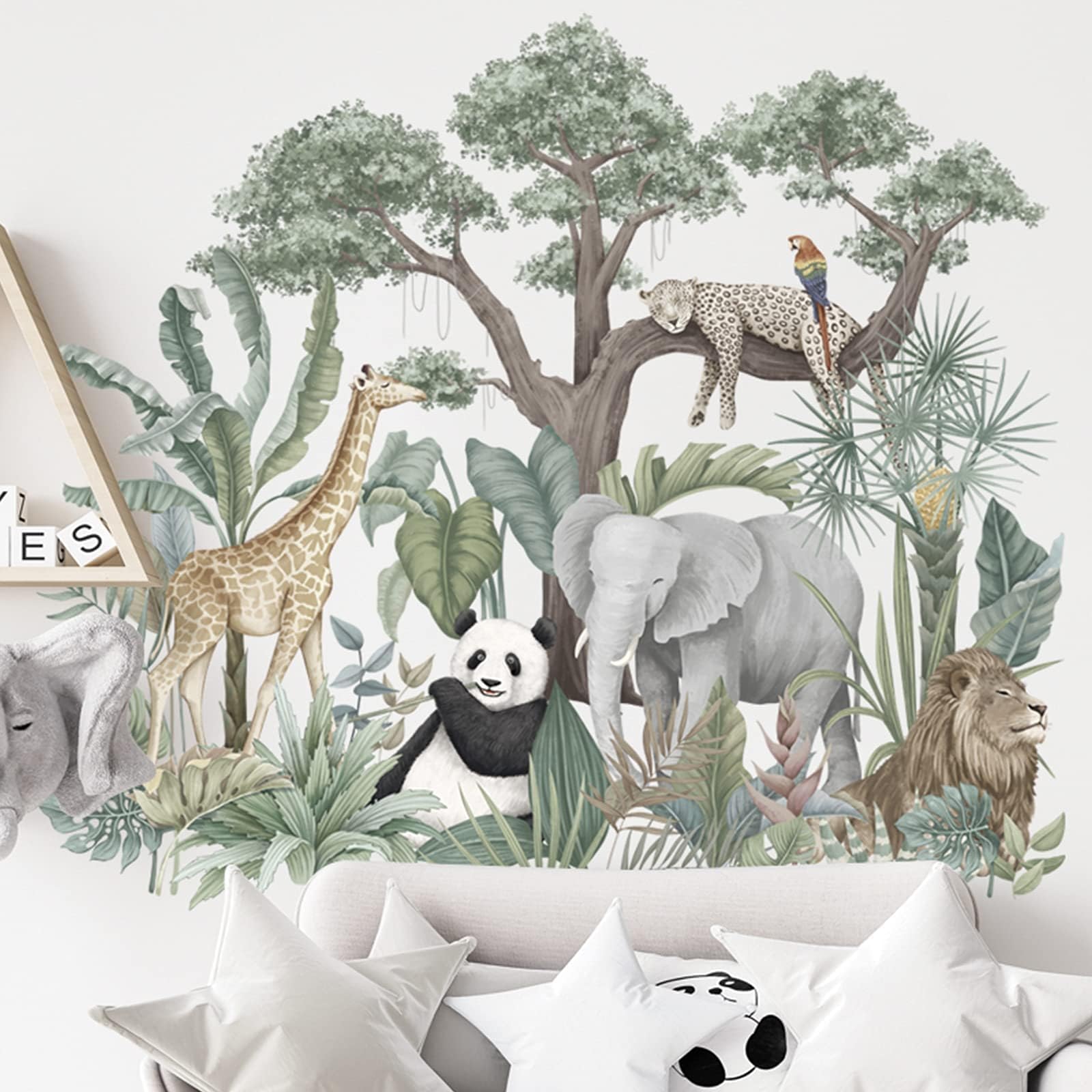 Khazna Cartoon Tropical Rainforest Animals Green Plants Wall Stickers, Jungle Giraffe Elephant Panda Lion Leopard Parrot Decals, Removable DIY Zoo Art Decor for Baby Bedroom Nursery Home