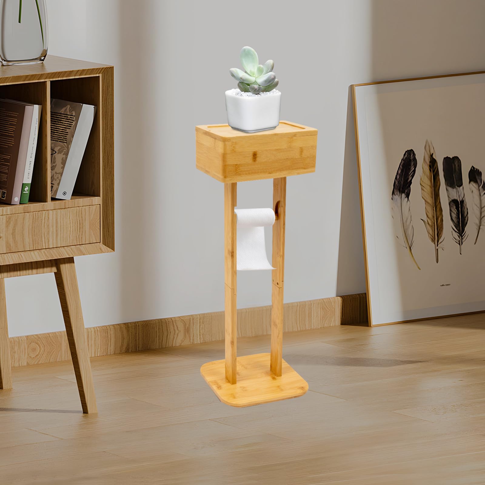 Portarrollos de papel higiénico de bambú con caja de almacenamiento, altura aprox. 65 cm, color natural, ahorra espacio para baño y WC, incluye estante y compartimento para rollos de repuesto con tapa