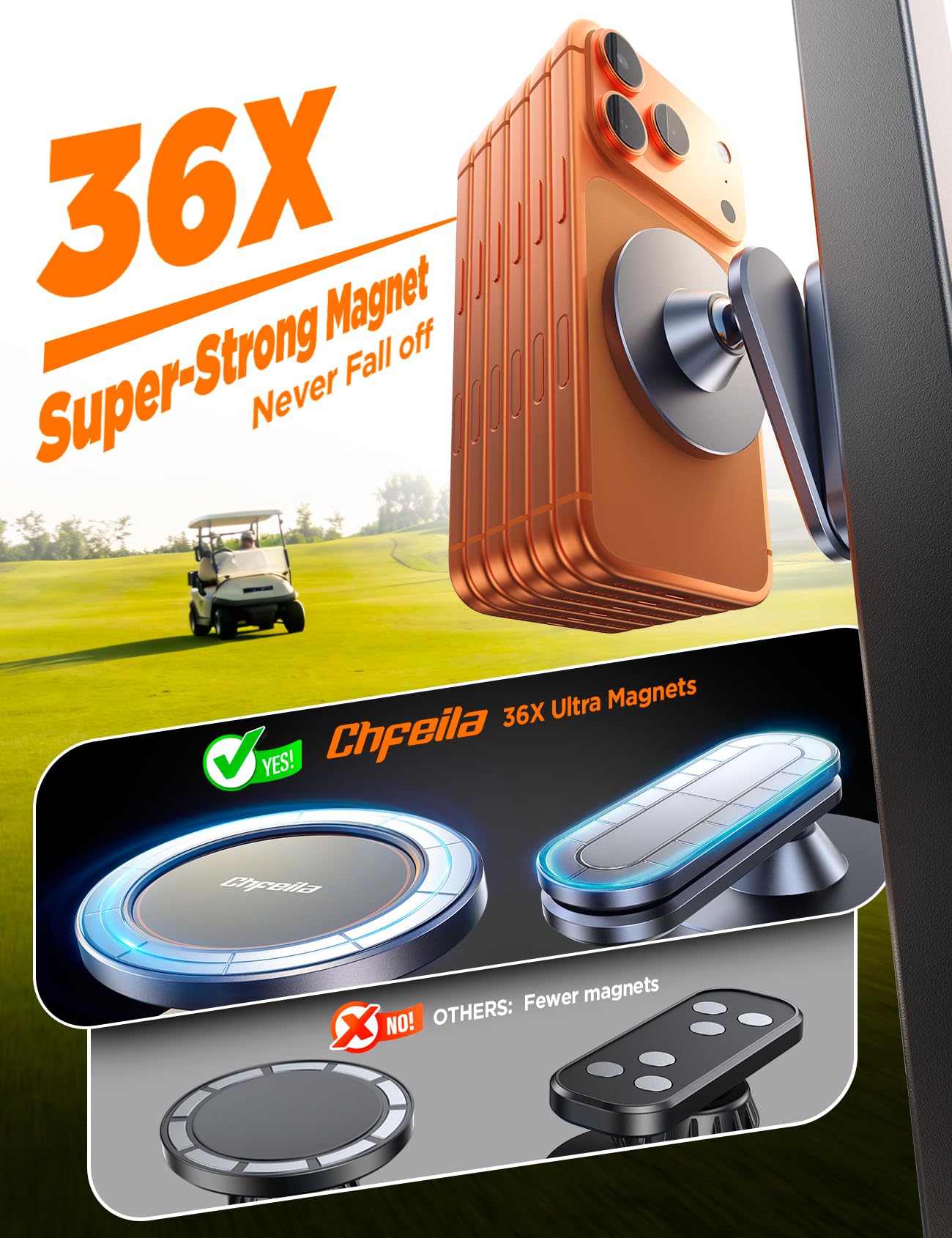 Close-up of the Chfeila magnetic phone holder demonstrating its aluminum alloy construction and adjustable ball joint.
