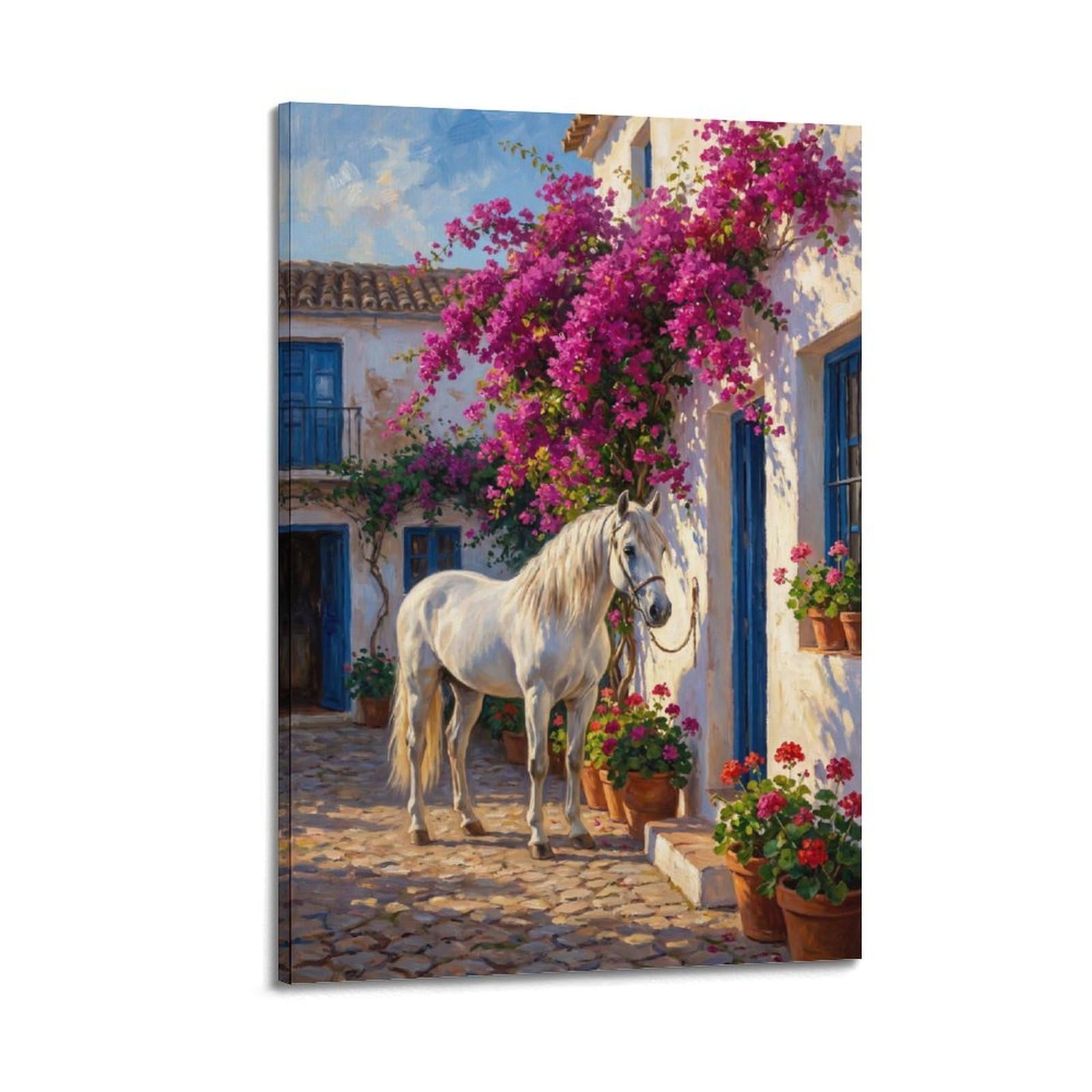 XKUGA White Andalusian Horse Travel Poster Courtyard Blue Tiles Rustic Modern Decorative Canvas Prints - Ideal Wall Art for Family, Man Cave, Game Room, Boys & Girls Bedroom 20x30inch(50x75cm)