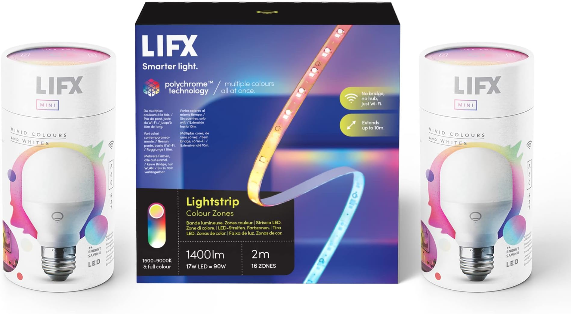 LIFX Bedroom Bundle - 2 x LIFX Mini Colour E27 & 2m Lightstrip [Energy Class G]