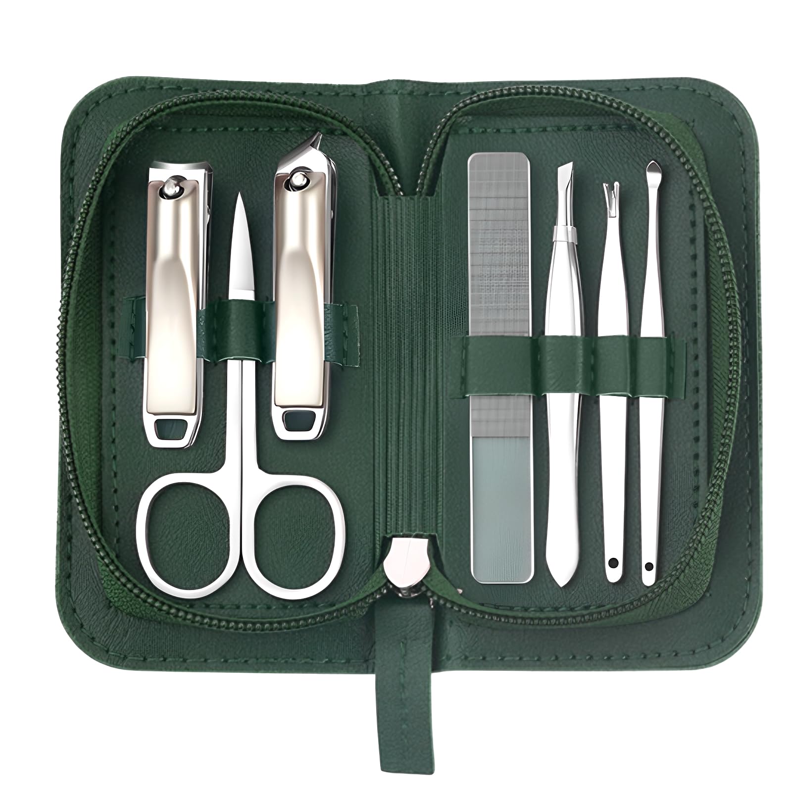 Kit Manicure 7 Pezzi con Astuccio Verde Giada – Forbici Unghie, Forbici Cuticole, Tagliaunghie Piedi e Mani, Pulitore Unghie, Pinzette, Lima Vetro, Kit Pedicure