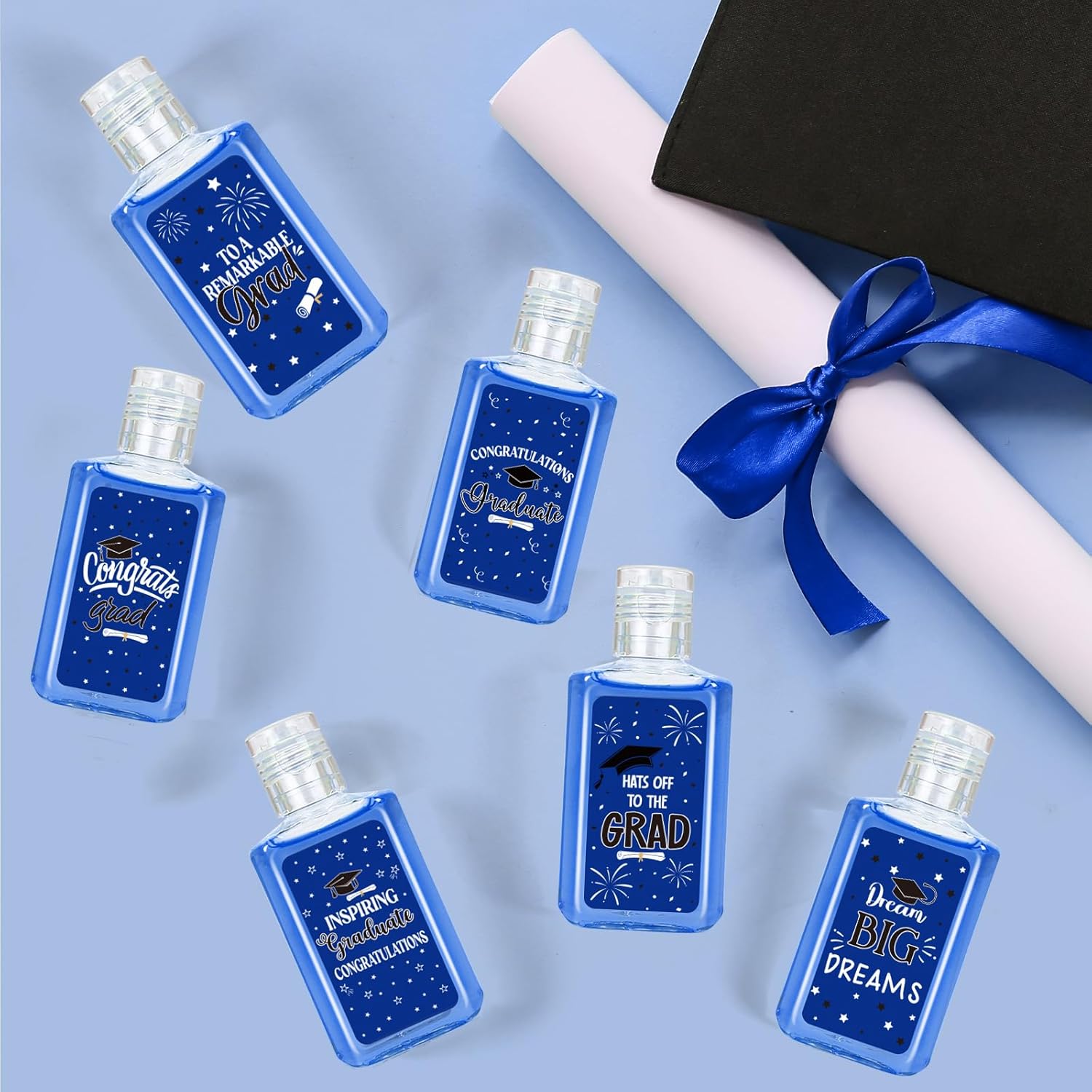 50 Pack Graduation Mini Hand Sanitizer Bulk Graduation Gift for Teacher Classmates 1fl oz Travel Size Hand Sanitizer Graduation Hand Soap Gifts for Guest Graduation Party Favors Supplies (Blue)