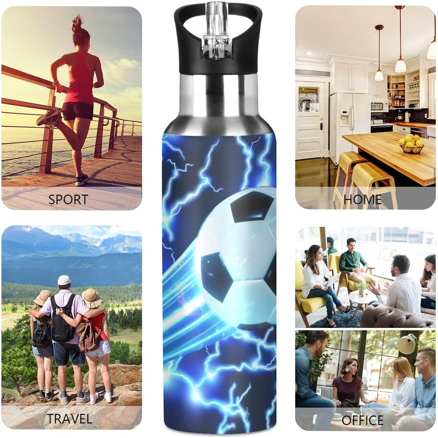 Soccer Water Bottle 20 oz, Blue Lightning Boys Sports Water Bottle, Insulated Vacuum Stainless Steel Mug with Straw Lid & Handle - Image 4