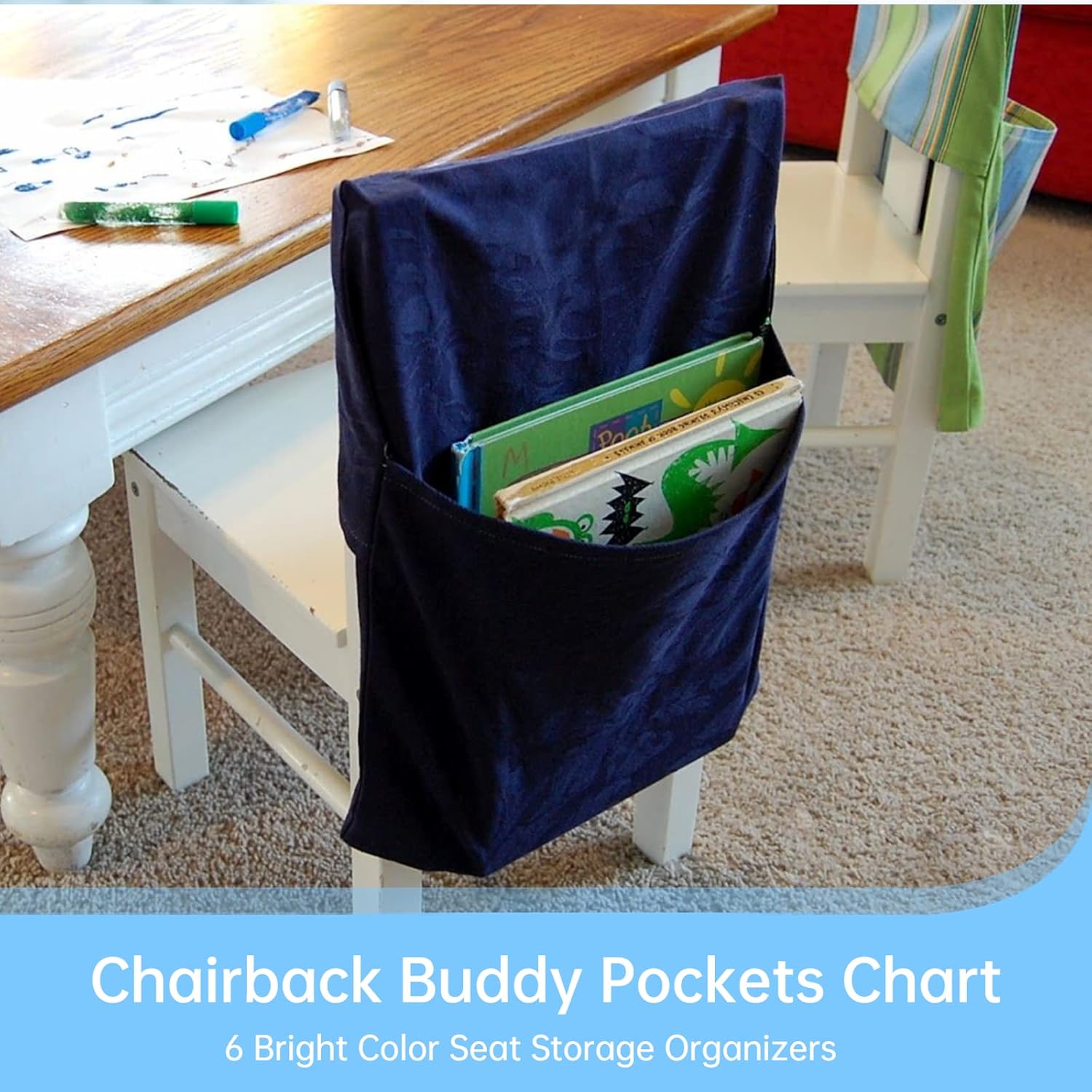 6PCS Chairback Buddy Pocket Chart, Bright Color Seat Storage Organizer with 3 Pockets and a Transparent Name Tag Window for Kids School Supplies (16.6''x19''))