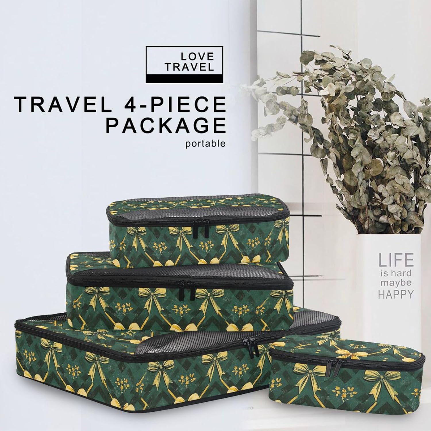 Vintage Yellow Bows Green Shapes 4 Pcs set travel organizer bags Mesh Travel Essentials lightweight packing cubes compression