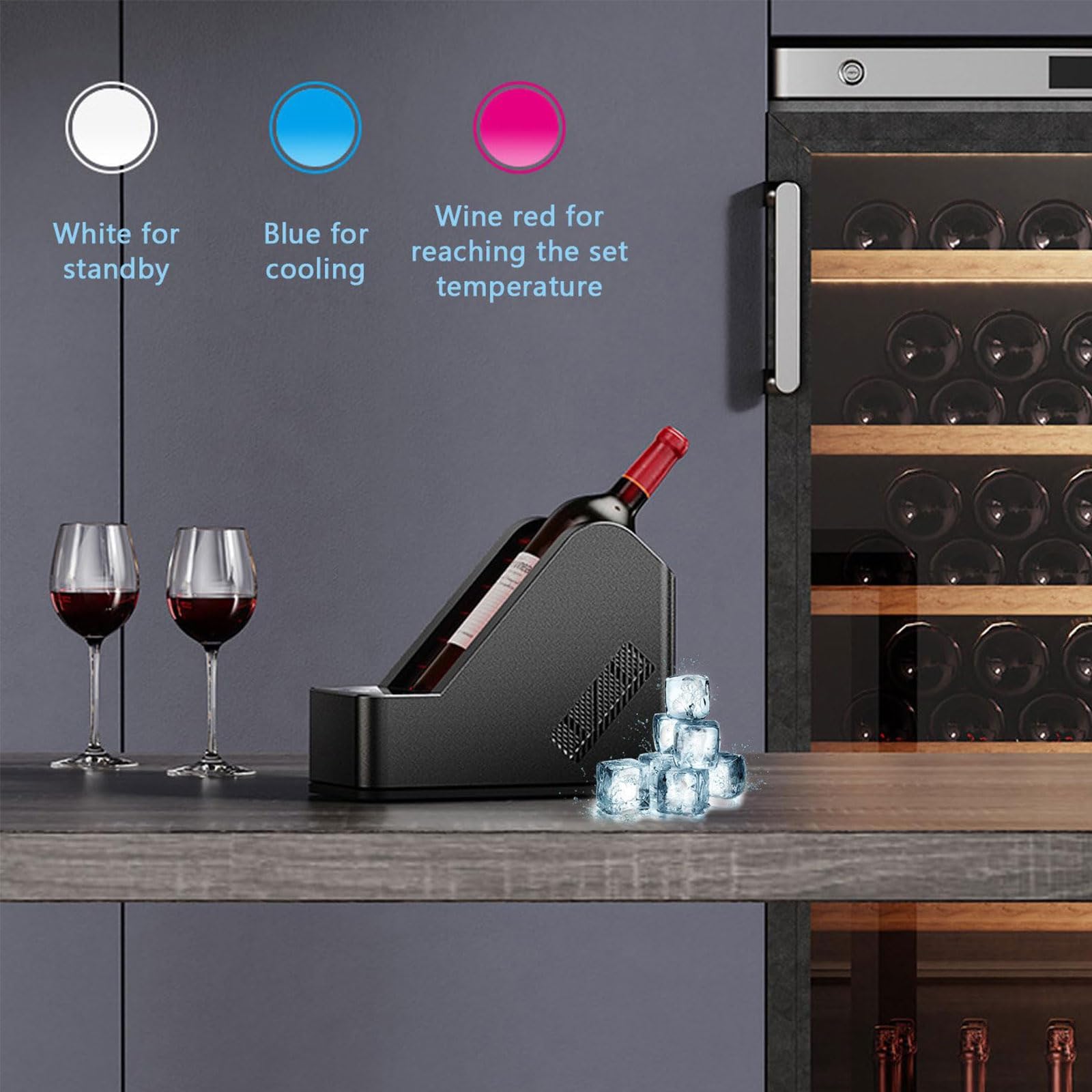 Enfriador de vino eléctrico, enfriador de botella individual de 750 ml, control de 5-20 °C, compartimento de 96 mm, pantalla LCD y refrigeración semiconductora sin hielo para vino tinto, blanco