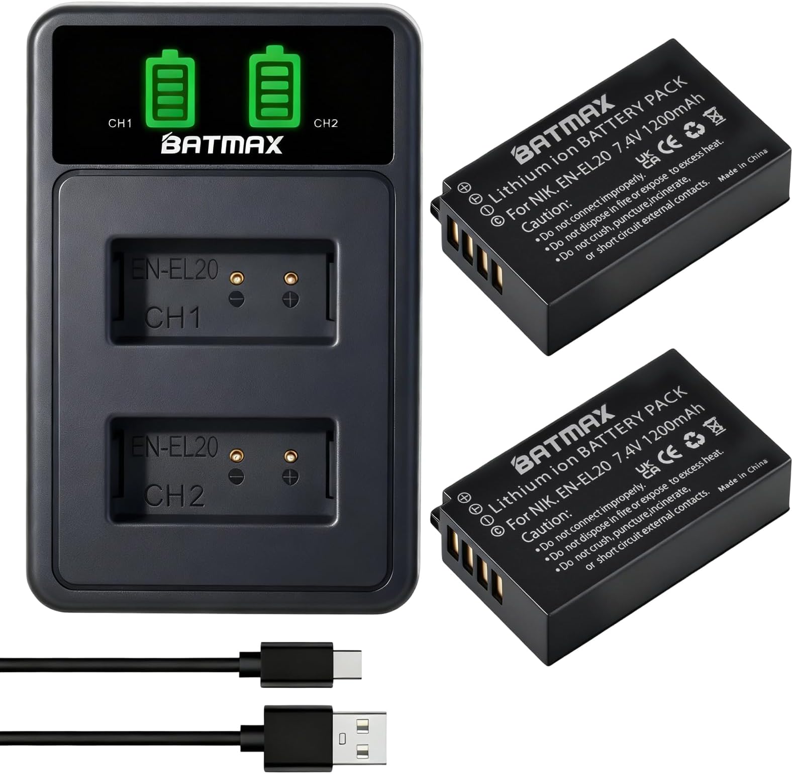 EN-EL20 Battery (2-Pack) + LED USB LCD Charger for Nikon EN-EL20 EN-EL20a Nikon P1000, P1100, DL24-500,1 J1, 1 J2, 1 J3, 1 S1, 1 V3, Coolpix A, 1 AW1,Coolpix P950 Cameras