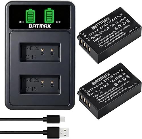 Batmax Batería EN-EL20 (paquete de 2) + cargador LED USB LCD para Nikon EN-EL20 EN-EL20a Nikon P1000,1 J1, 1 J2, 1 J3, 1 S1, 1 V3, Coolpix A, 1 AW1,