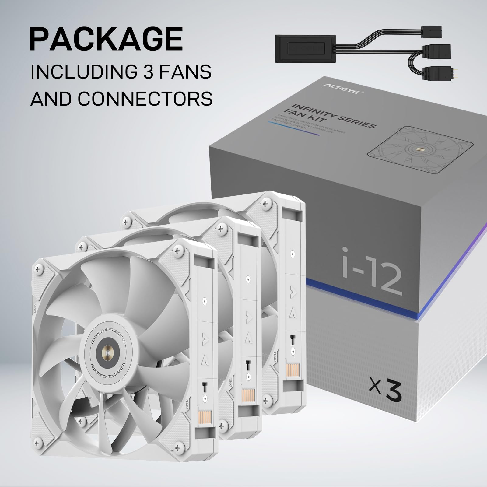 ALSEYE i12 - Kit de ventilador de carcasa para PC, tres ventiladores ARGB y PWM con estructura de conexión a presión (kit i12 blanco)