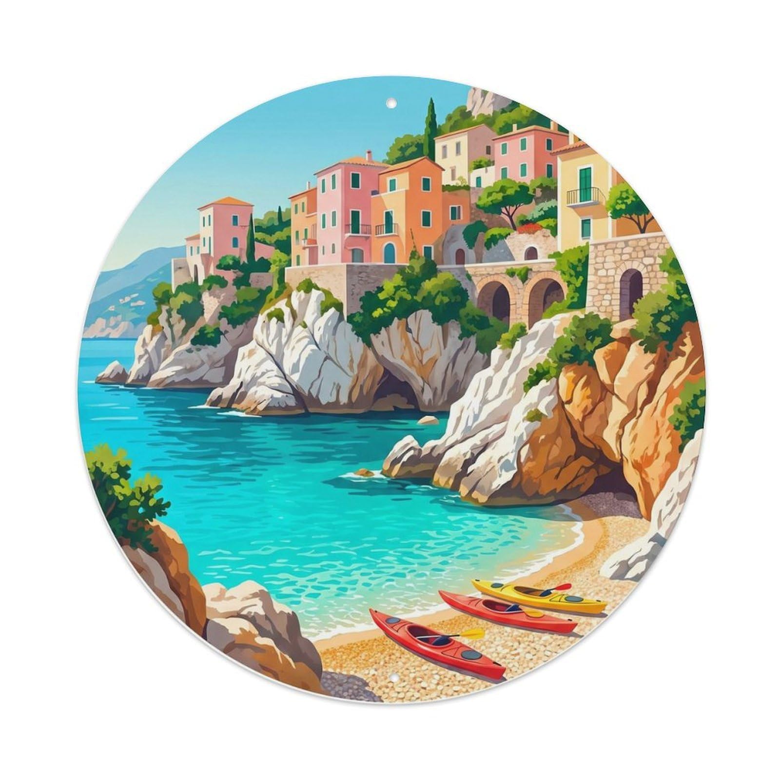 Italian Seaside Mediterranean Cove Beach Classic Travel Metal Tin Sign Plaque Wall Decor for Cafe, Man Cave, Club Bar, Office, Home Garden Round Metal Poster 8x8Inch