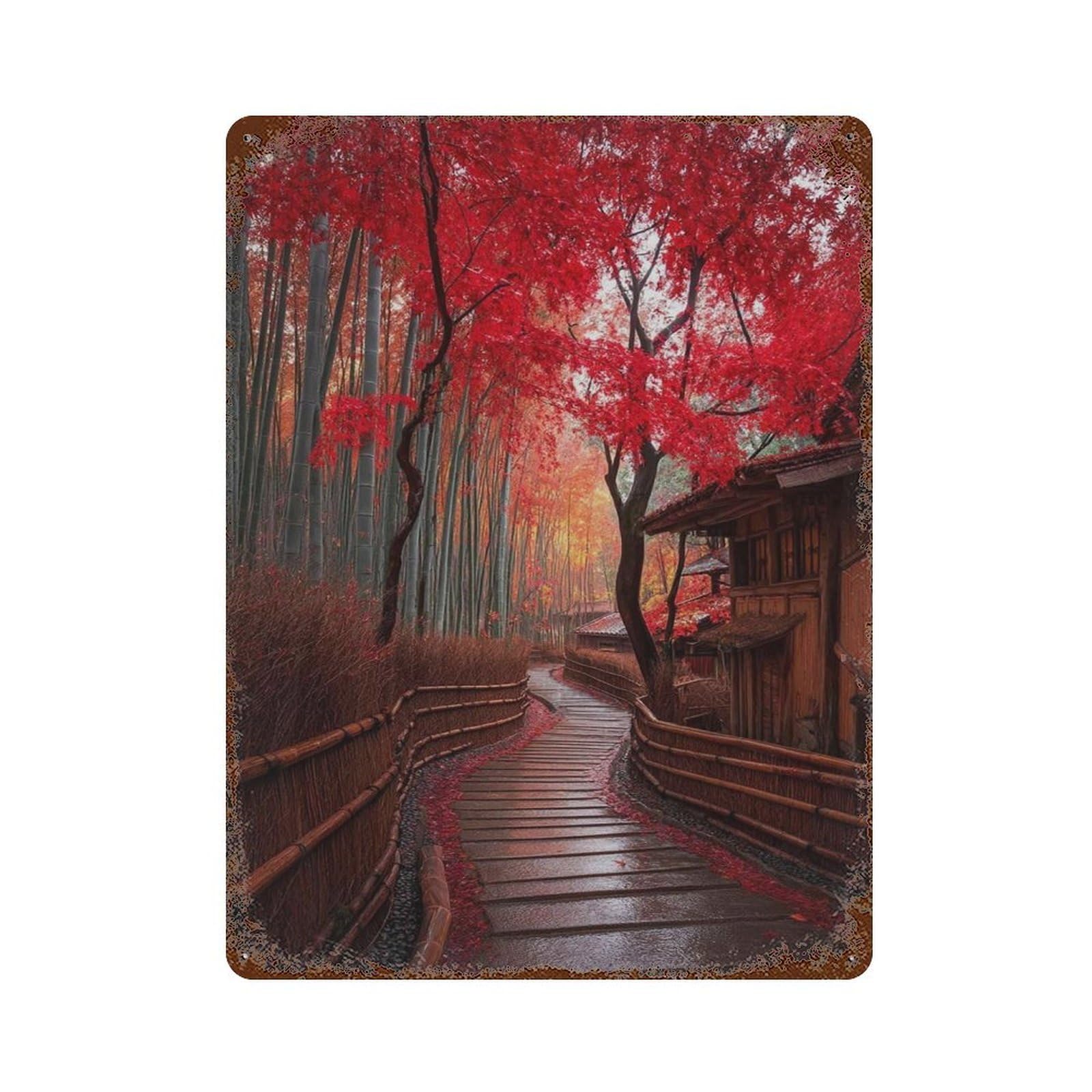 xiaoxiaoshen Japanese Autumn Pathway Red Maple Leaves And Bamboo Forest Tranquil Kyoto Garden Wall Decor Art Metal Tin Poster Modern Home Decor Art Home Bar Shop Decorations Vintage Sign 40x30cm