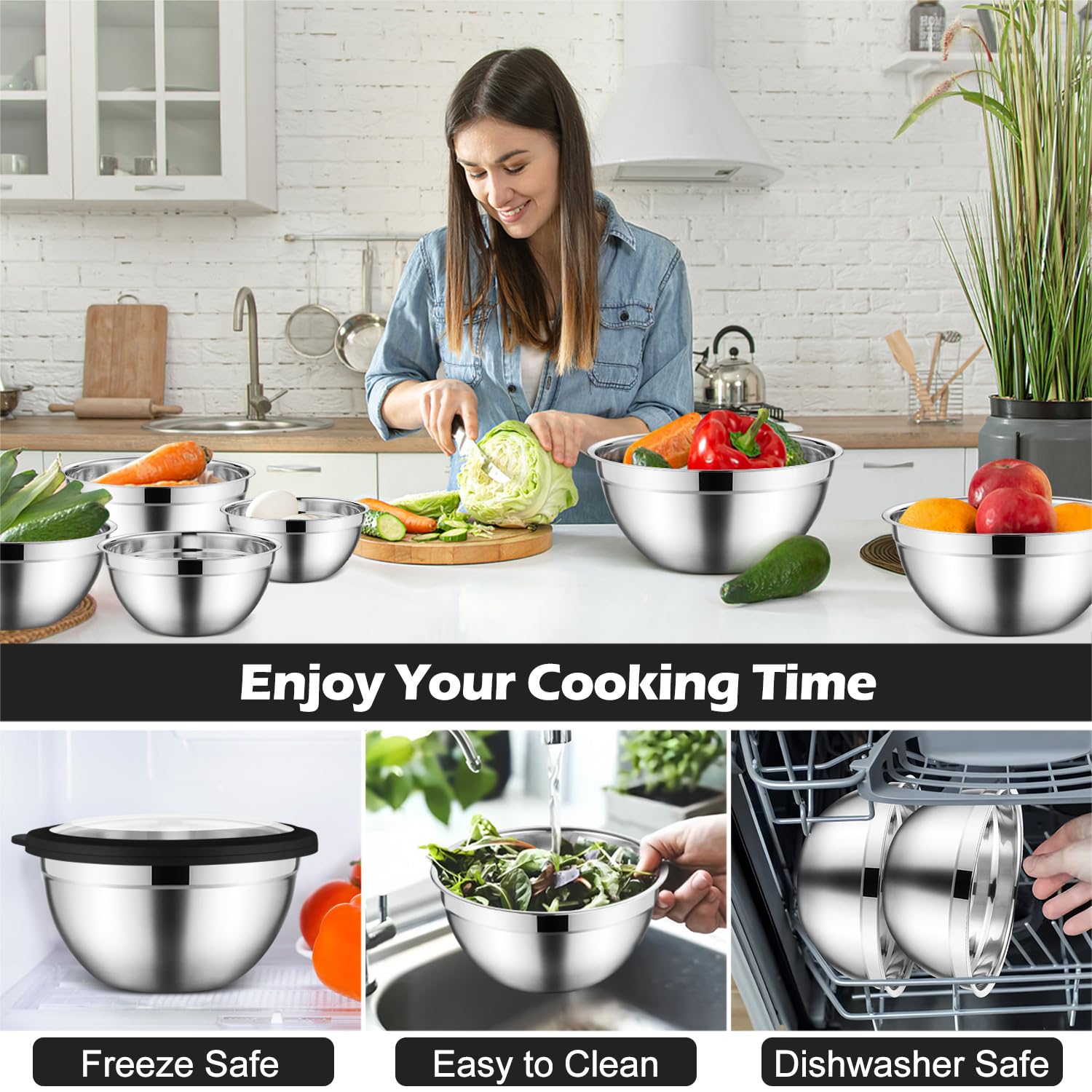 E-far Juego de 7 cuencos para mezclar de acero inoxidable con tapas transparentes herméticas, cuencos de metal para preparación de cocina, hornear, servir, aptos para lavavajillas, tamaño 4.6, 3.5, 3,