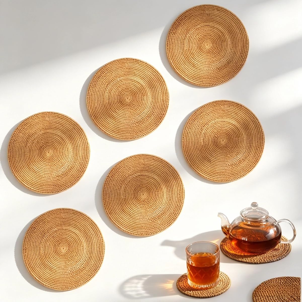 Runde Rattanuntersetzer handgeflochten | 6er Set (13–25 cm, 6 Größen) | hitzebeständig & rutschfest | waschbar & pflegeleicht | Topfuntersetzer Tassenuntersetzer für Küche Esstisch (Ø25cm,6)