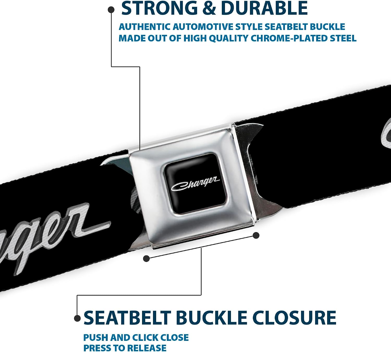 Buckle-Down Seatbelt Belt - CHARGER Script Emblem Corner Black/Silver Fade/White - 1.5" Wide - 24-38 Inches in Length
