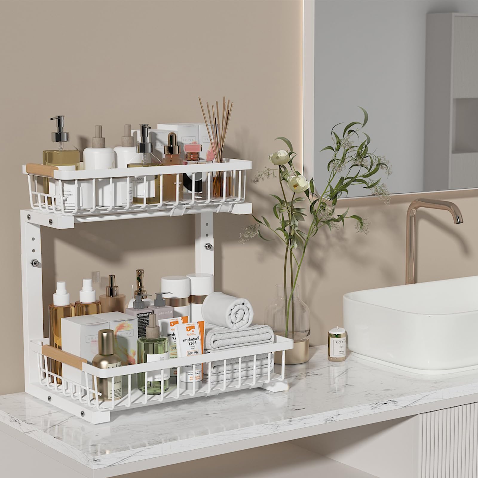 ADRIMER Organizzatore sotto il lavandino, confezione da 2, organizer estraibile per lavello da cucina, organizer da cucina a 2 livelli e ripiano portaoggetti in metallo di alta qualità, bianco