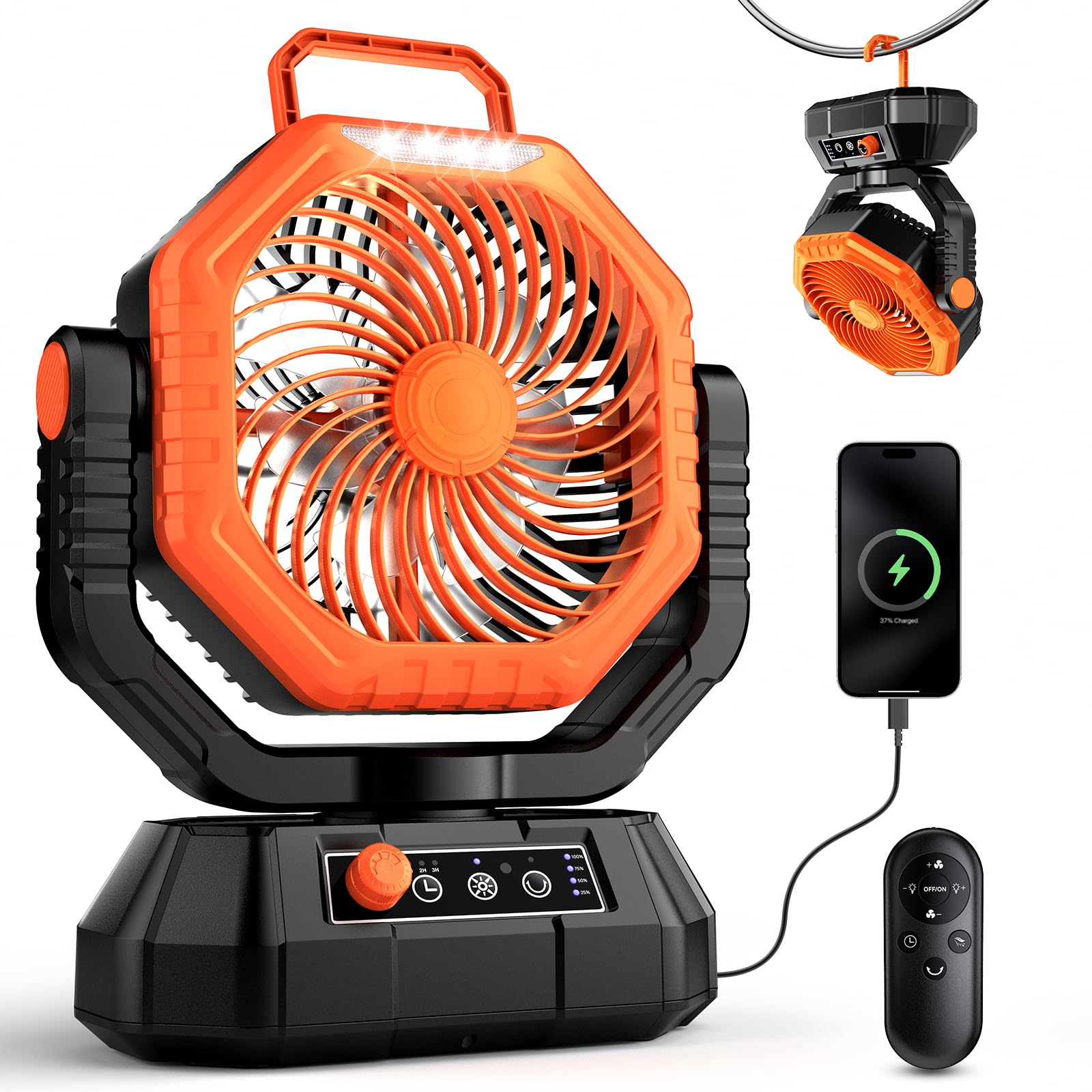 Ventilatore da Campeggio con Lanterna a LED, 20000 mAh Ventilatore da Tavolo con Telecomando e Gancio, Rotazione di 270°, Velocità Continua, Modalità Timer, per Tenda da Interno ed Esterno（Arancia）