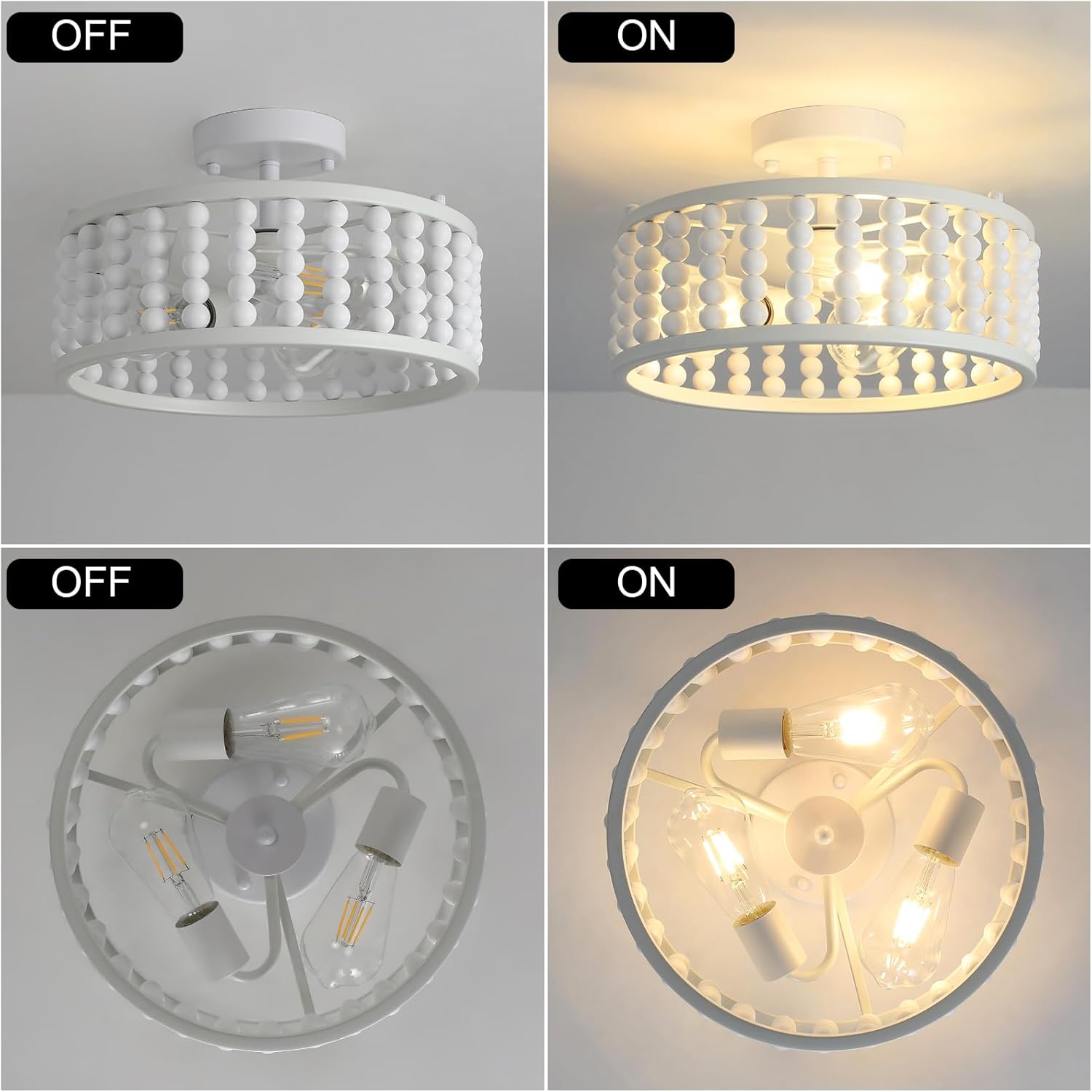 Luupyia White Beaded Boho Ceiling Light 3Lights, 12.79inches Wooden Bead Ceiling Light Fixture Mini Bohemian Chandelier Coastal Semi Flush Mount Overhead Lighting for Bedroom Hallway, E26