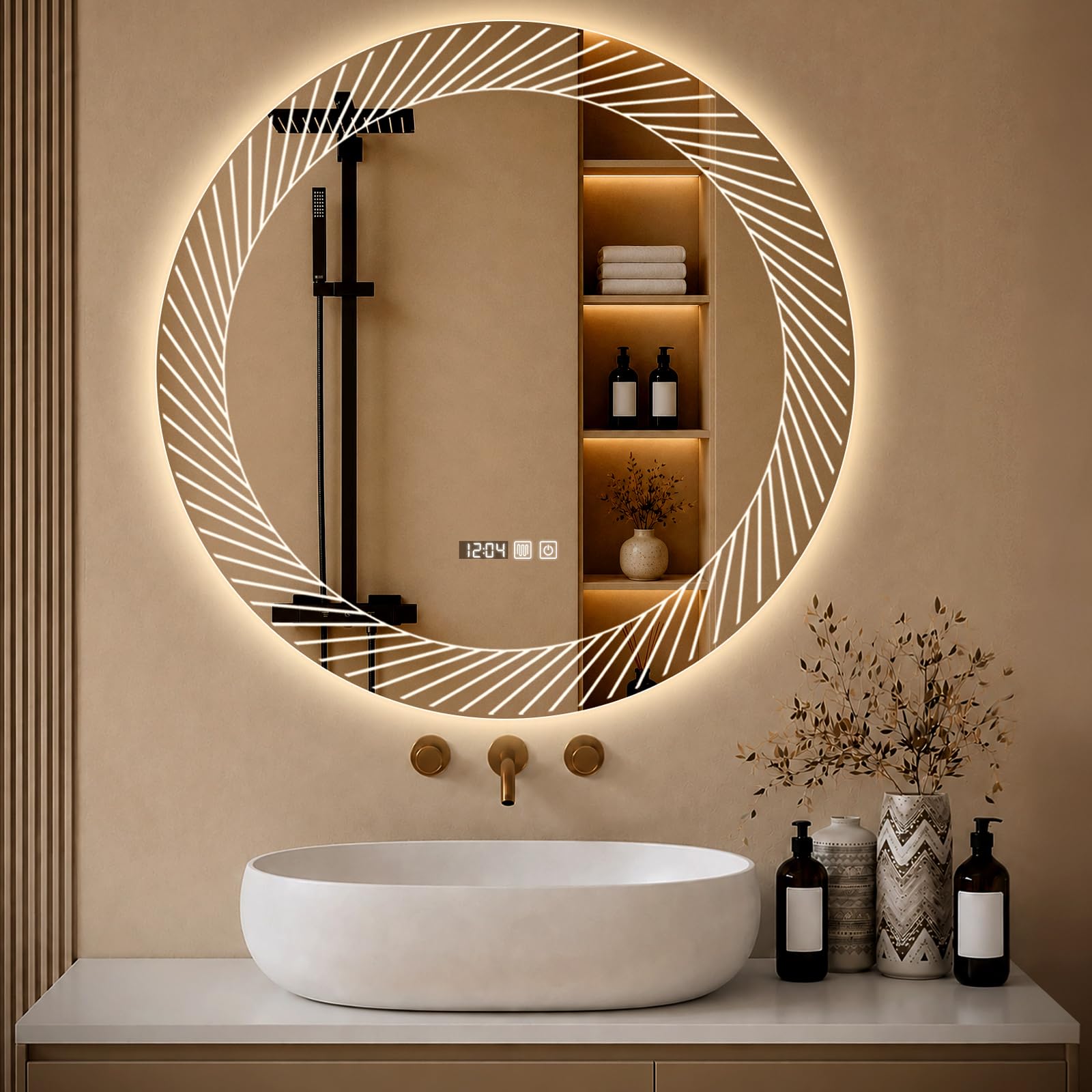 Badspiegel mit Beleuchtung, 80 cm Spiegel mit LED Licht | Zeit anzeigen Touch Schalter Temperaturanzeige und 3 Farben Dimmbar