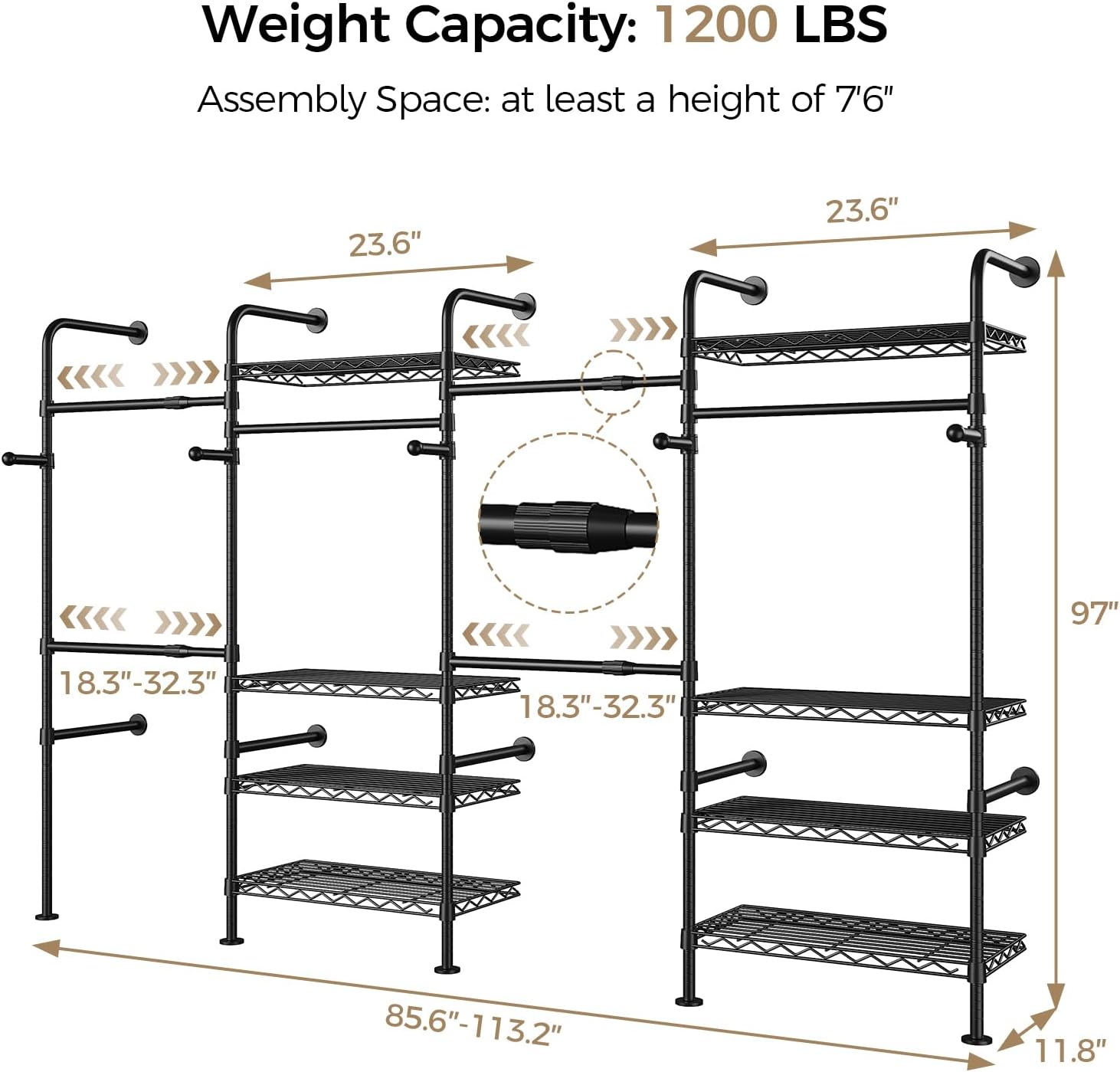 closet organizers and storage, 4-row heavy duty clothes rack for hanging clothes, wall mounted closet system with 4 telescopic rods, 2 fixed rods, 5 hooks, 8 shelves for wardrobe, bedroom, small space