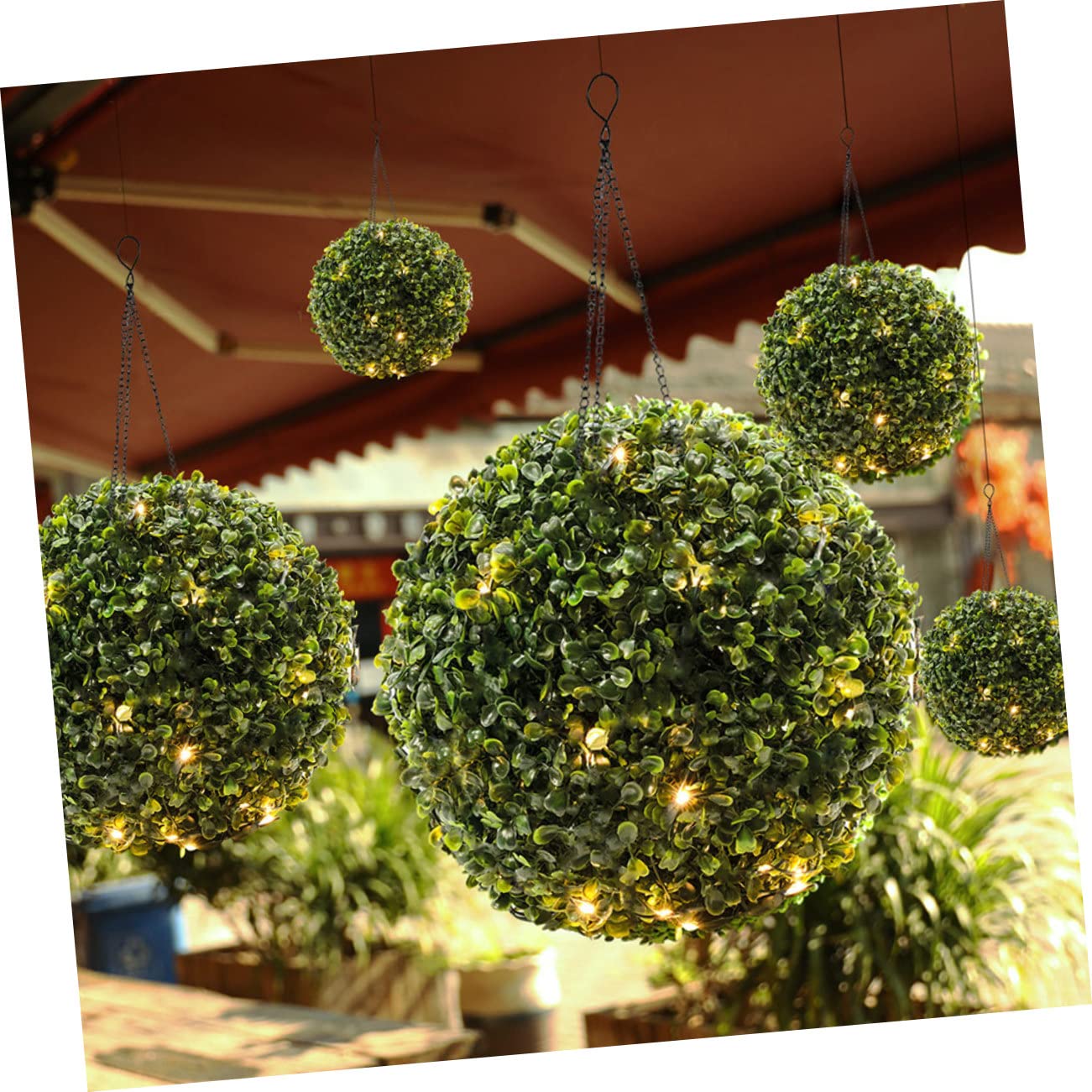 Amosfun Solar Hängelampe für Garten Künstliche Buchsbaumkugel mit LED Beleuchtung Grün mit Hängekette Kunststoff und Eisen