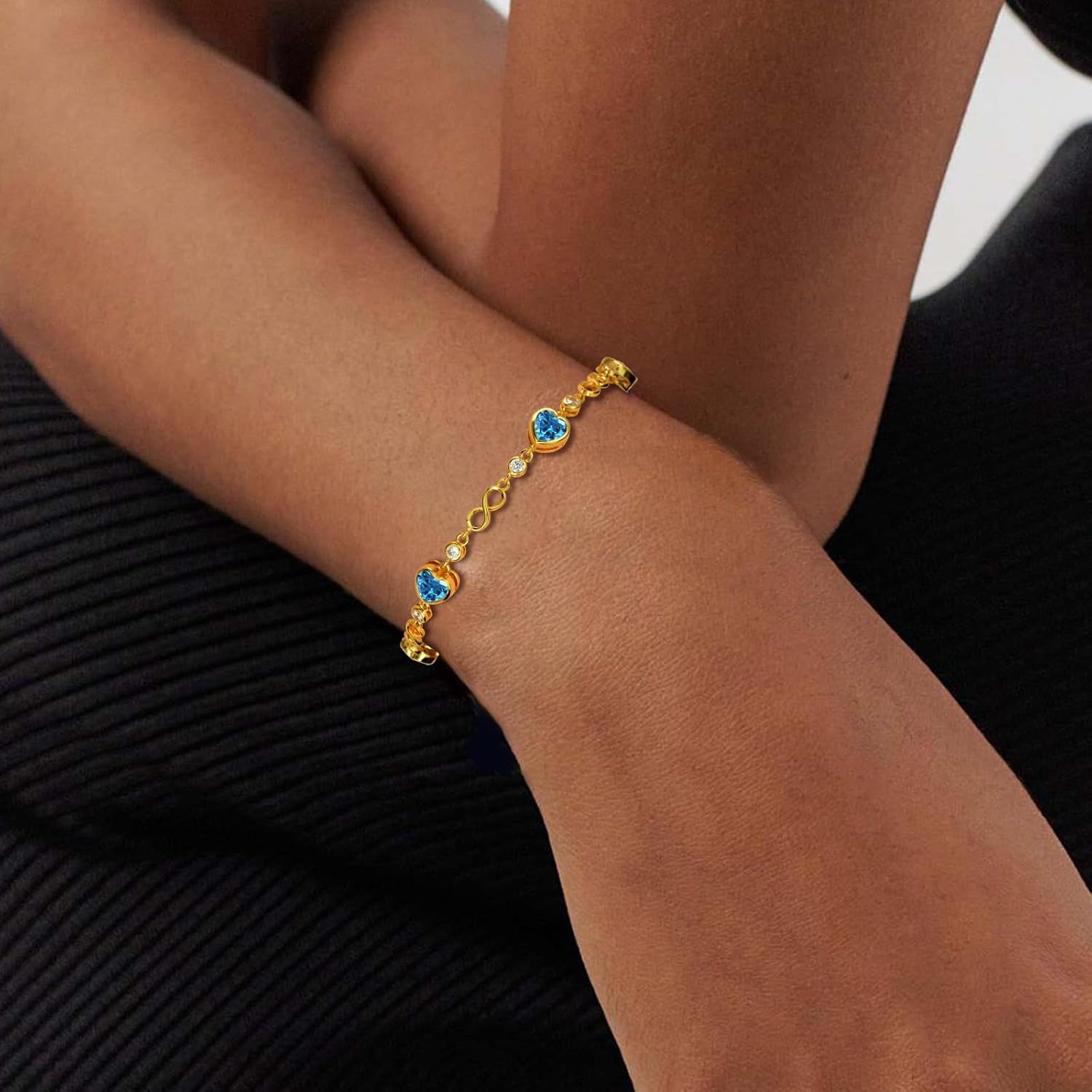 Sterling Silver Birthstone Bracelet for Women 14k Gold Plated Classic Infinity Heart Jewelry Created Aquamarine Blue Crystal Bracelet February Birthday Gifts for Mom Anniversaryfor Wife Her Love One - Image 3