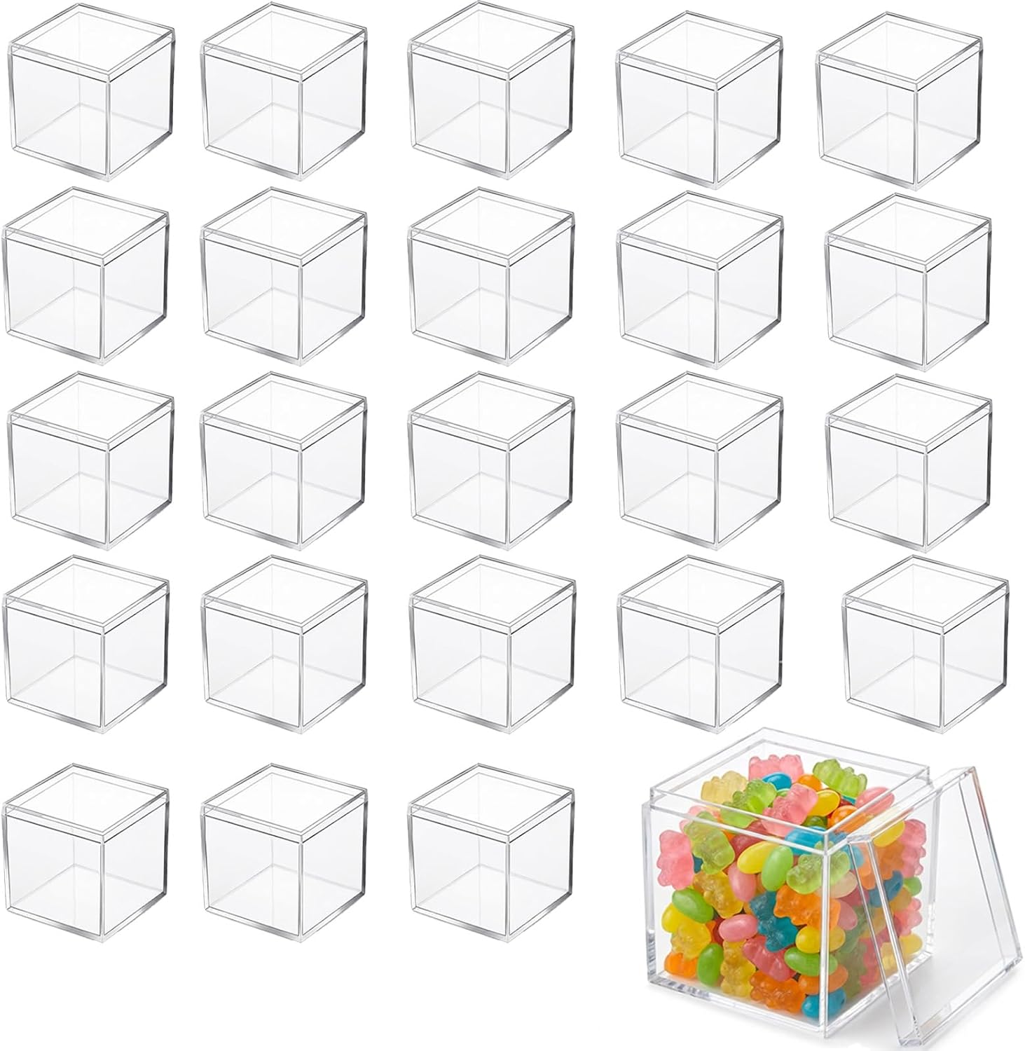 Clear Acrylic Boxes 2x2x2 Inch, Small Square Cube Storage Box with Lid - Stackable, Food-Safe Transparent Container for Candy, Gifts, Jewelry, Display & Favors (24)