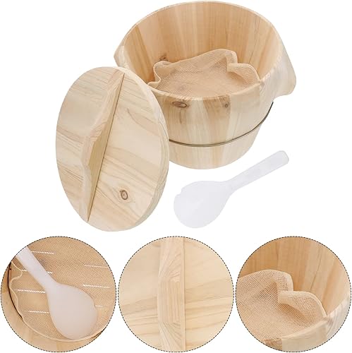 Miniatura 9 de BESTonZON Cubo de arroz hecho a mano Cubo de arroz al vapor con tapa Cestas de arroz Cesta de madera para cocinar bola de masa de madera de arroz