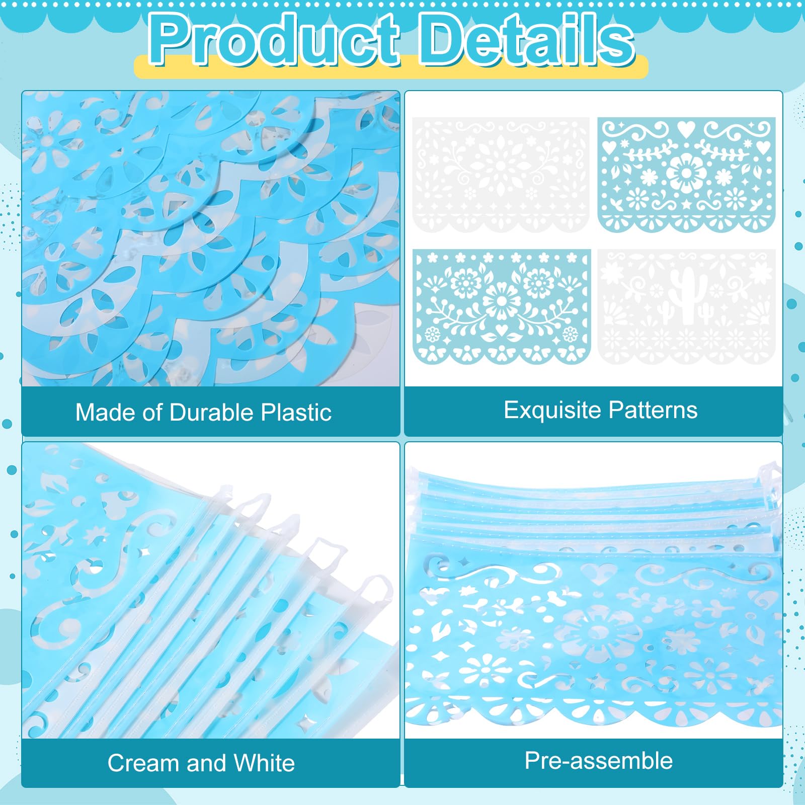 Tiamon Paquete de 4 guirnaldas de papel picado, decoraciones de fiesta mexicana de plástico para fiestas, Cielito Lindo Cinco de Mayo, baby shower, Día de Muertos, decoración colgante para interiores