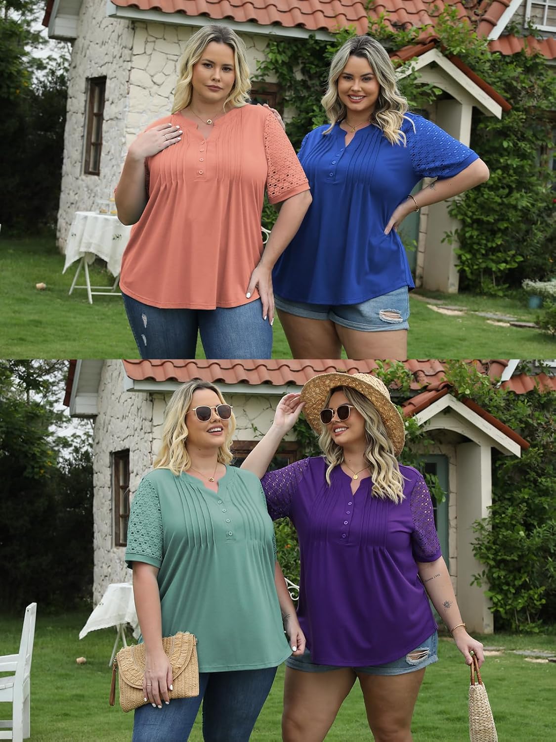 VISLILY Plus-Size-Womens-Summer-Tops Cute Henley V Neck T Shirts Dressy Lace Short Sleeve Blouse Trendy Casual Pleated Tunics - Image 6