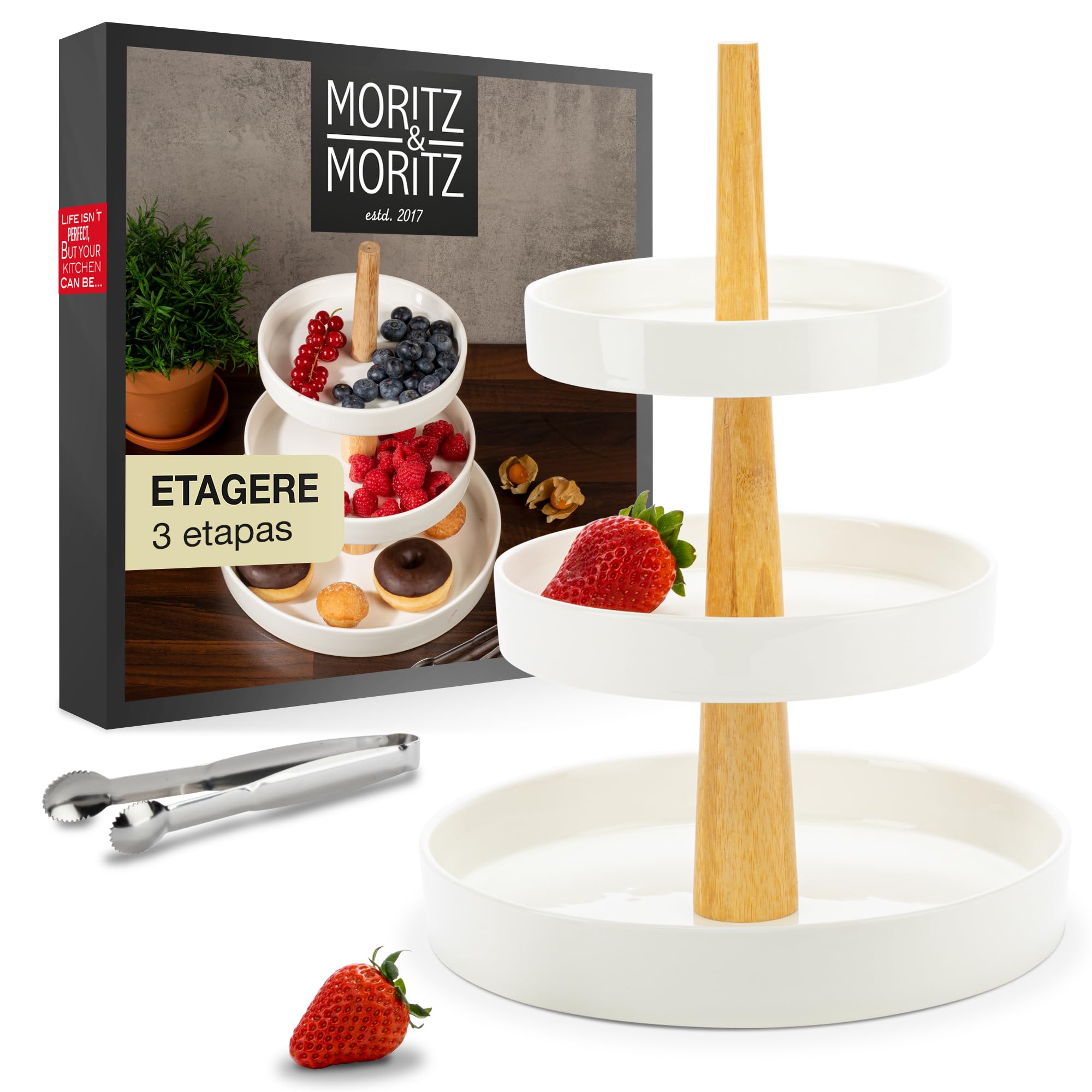 Moritz & Moritz Soporte para Frutas de 3 Niveles, Incluye alicates, de Porcelana, decoración Moderna de Cocina o Fiesta, frutero para Almacenamiento de Frutas, Magdalenas y Cupcakes