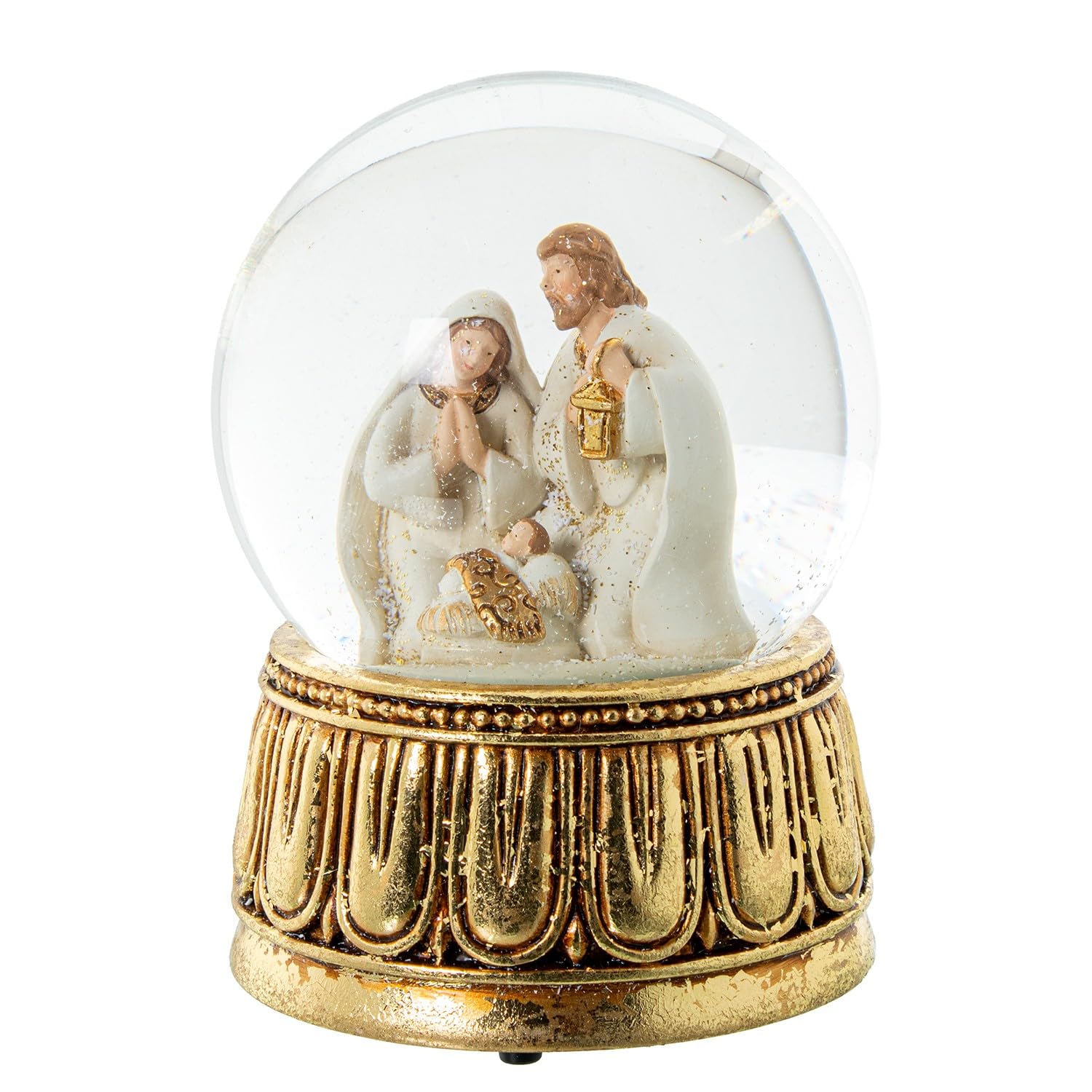 Boule à Neige avec Figurine Nativité Musicale en résine à Corde en Blanc et doré 10 x 10 x 14,5 cm