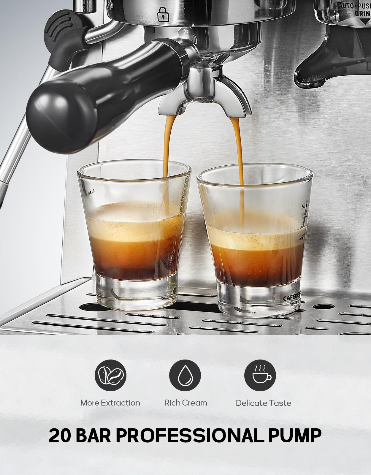 Reemix Machine à Expresso avec Porte-Filtre, Machine à Café 20 Bars avec Moulin Intégré et Mousseur à Lait, 1350 W, Réservoir de 2,8 l, Acier Inoxydable/Argenté, Kit Barista (54 mm Porte-Filtre)