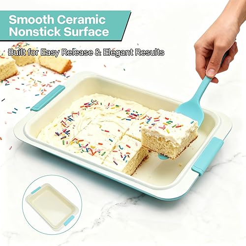 Miniatura 2 de Molde para hornear resistente de 13 x 9 pulgadas con tapa, molde rectangular antiadherente para pasteles con asas de agarre de silicona y cubierta a