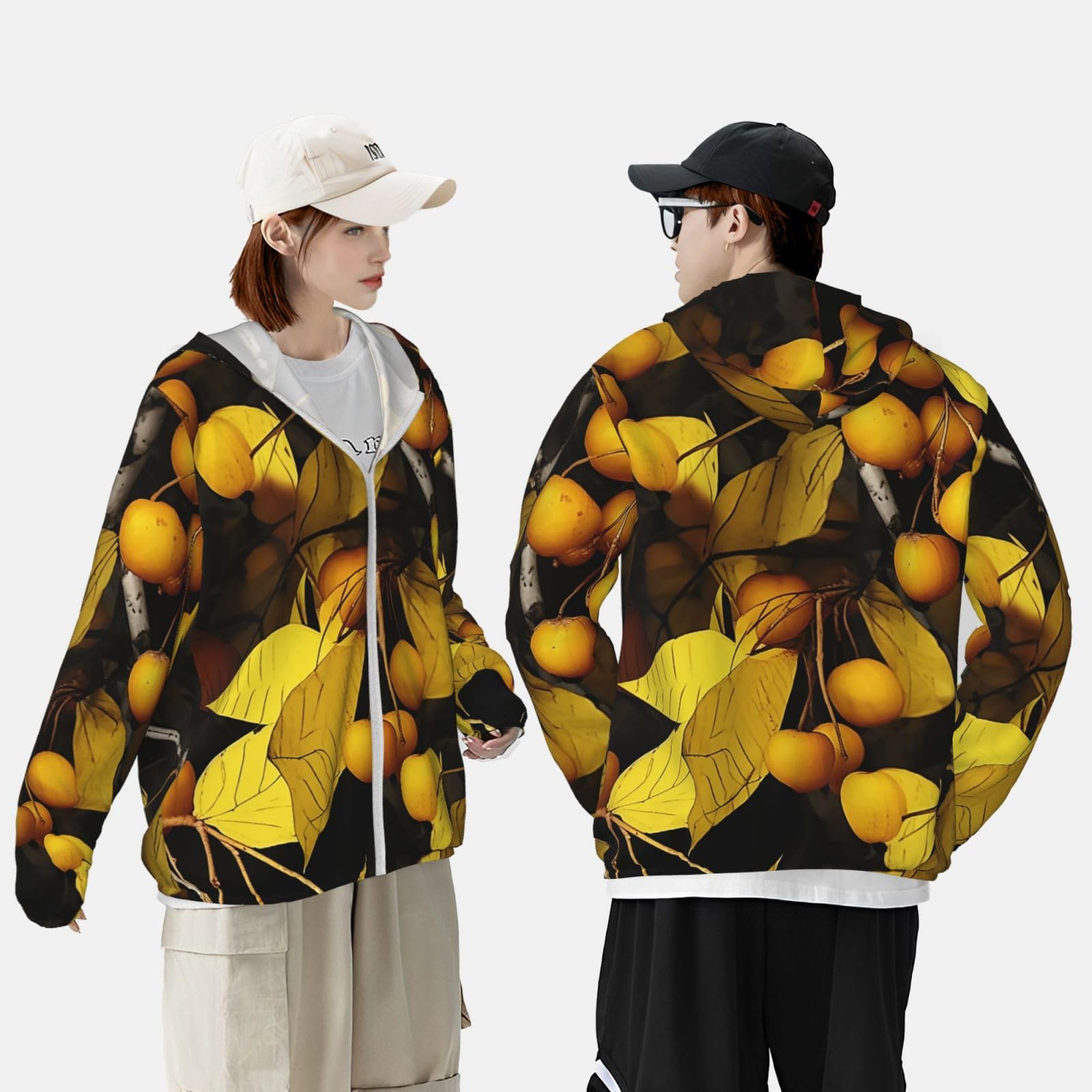 NONHAI Men's Sun Protection Jacket UPF 50+ Full Zipper Long Sleeve UV Hoodie Shirt Yellow leaves and fruits Women's Outdoor Jacket