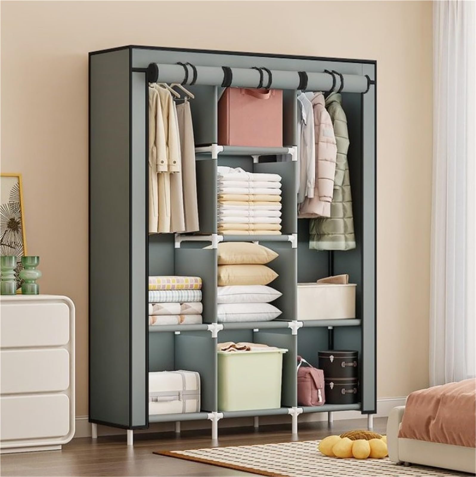 Wardrobe Closet Schrank Einfacher Kleiderschrank for Aufhängen Von Kleidung Mit Aufbewahrungsregalen, Hängestangen, Vliesstoff Closet Aufbewahrungsschrank(G)