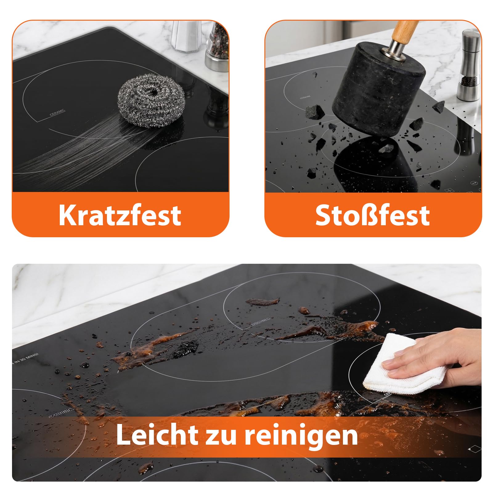 Topwish Glaskeramikkochfeld 4 Platten 60cm 6600W Elektroherd mit Kindersicherung Restwärmeanzeige Timer