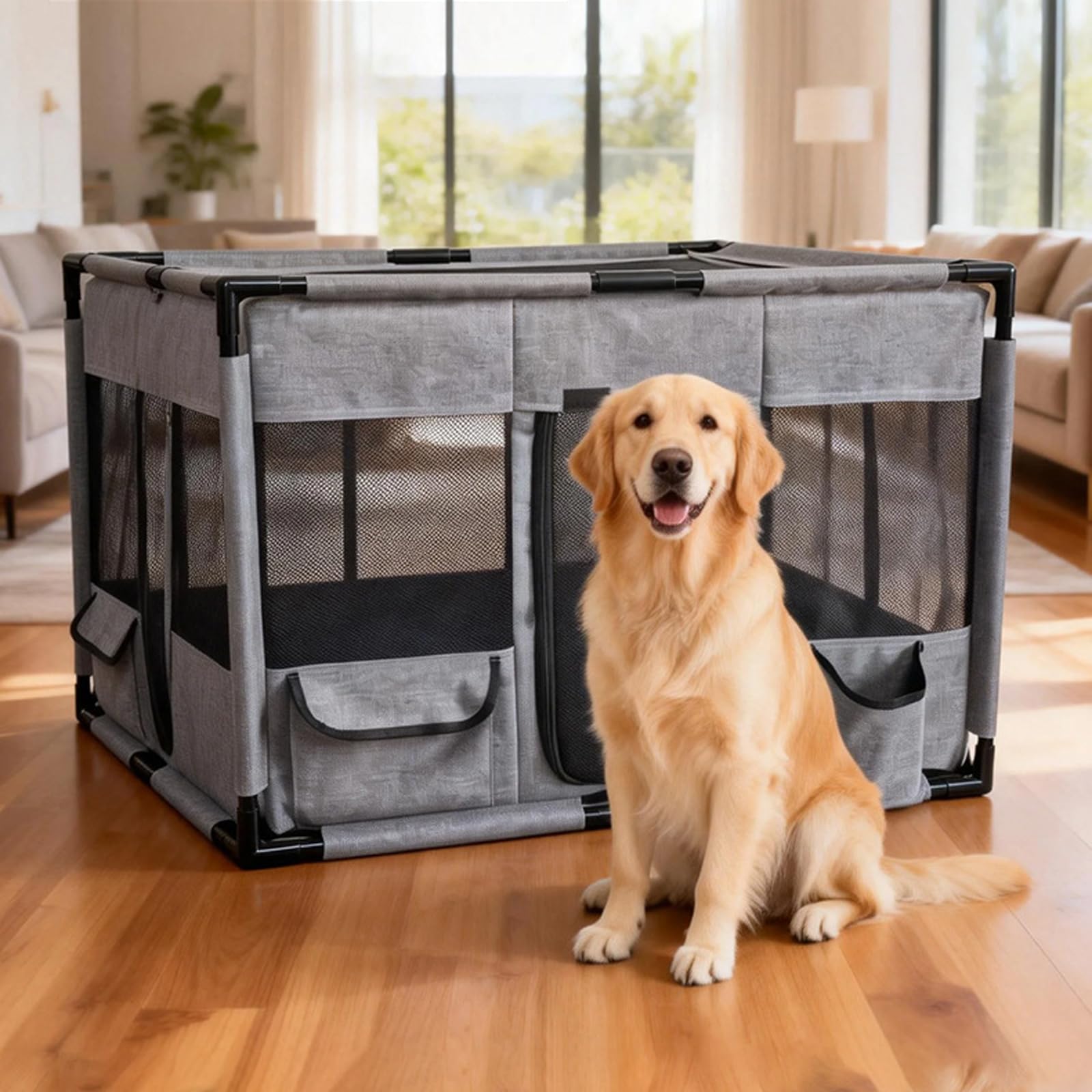 Welpenauslauf Laufstall Hund Welpenlaufstall aus Oxford-Gewebe, Tierauslauf Tierlaufstall PVC-Rohren Hundekäfig Katzengehege Indoor Outdoor für Hunde & Katzen mit atmungsaktives Netz, 100x60x60cm